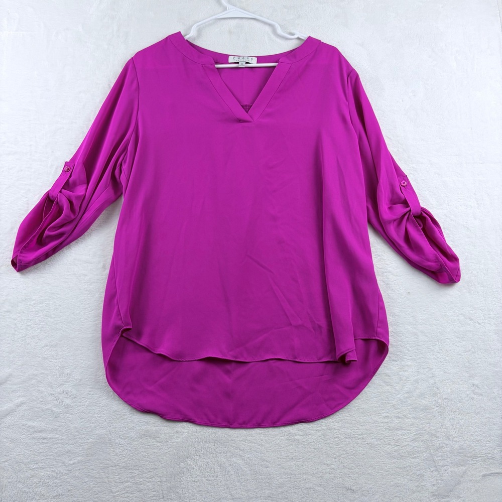 Chaus Magenta Purple V-Neck Blouse Roll Tab Sleeve Women's Size L